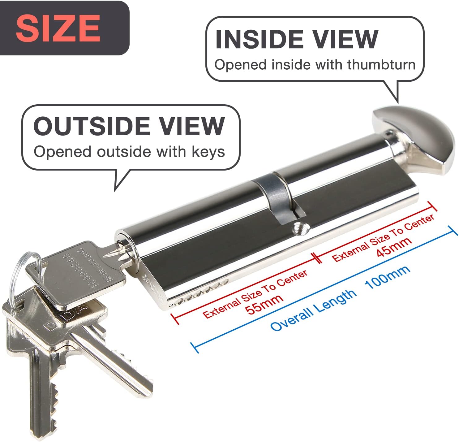 High Security Euro Cylinder Door Lock 45/55mm Anti-Snap UPVC Lock with Key & Thumb Turn - Image 2