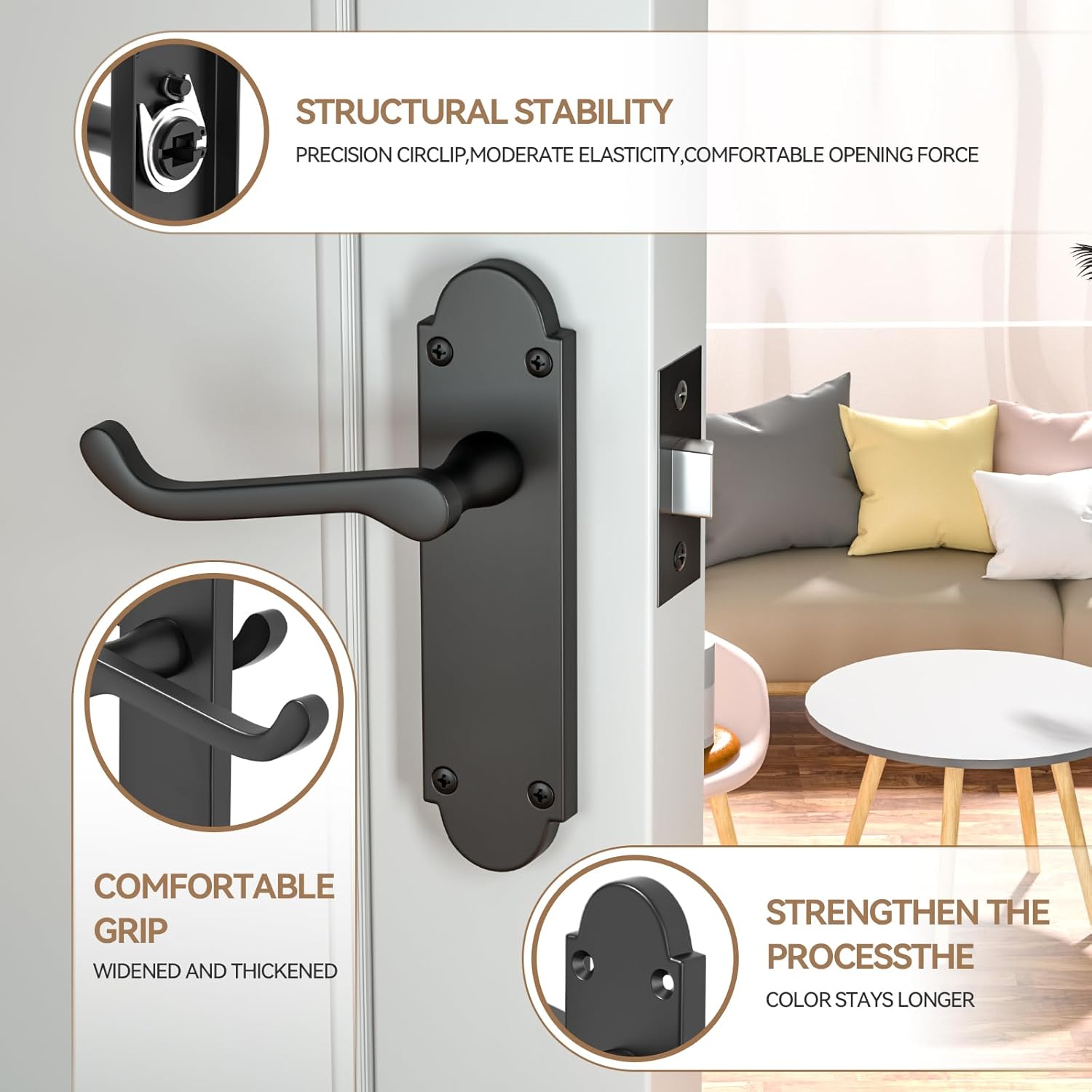 Zinc Alloy Interior Door Handle Set with Privacy Lock for Bathroom & Bedroom Doors - Image 3